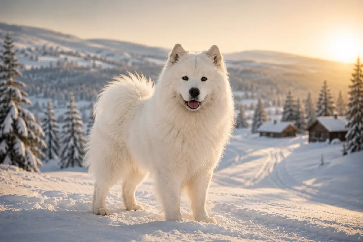 سگ ساموید سفید اصیل در منظره برفی سیبری؛ معرفی کامل نژاد Samoyed