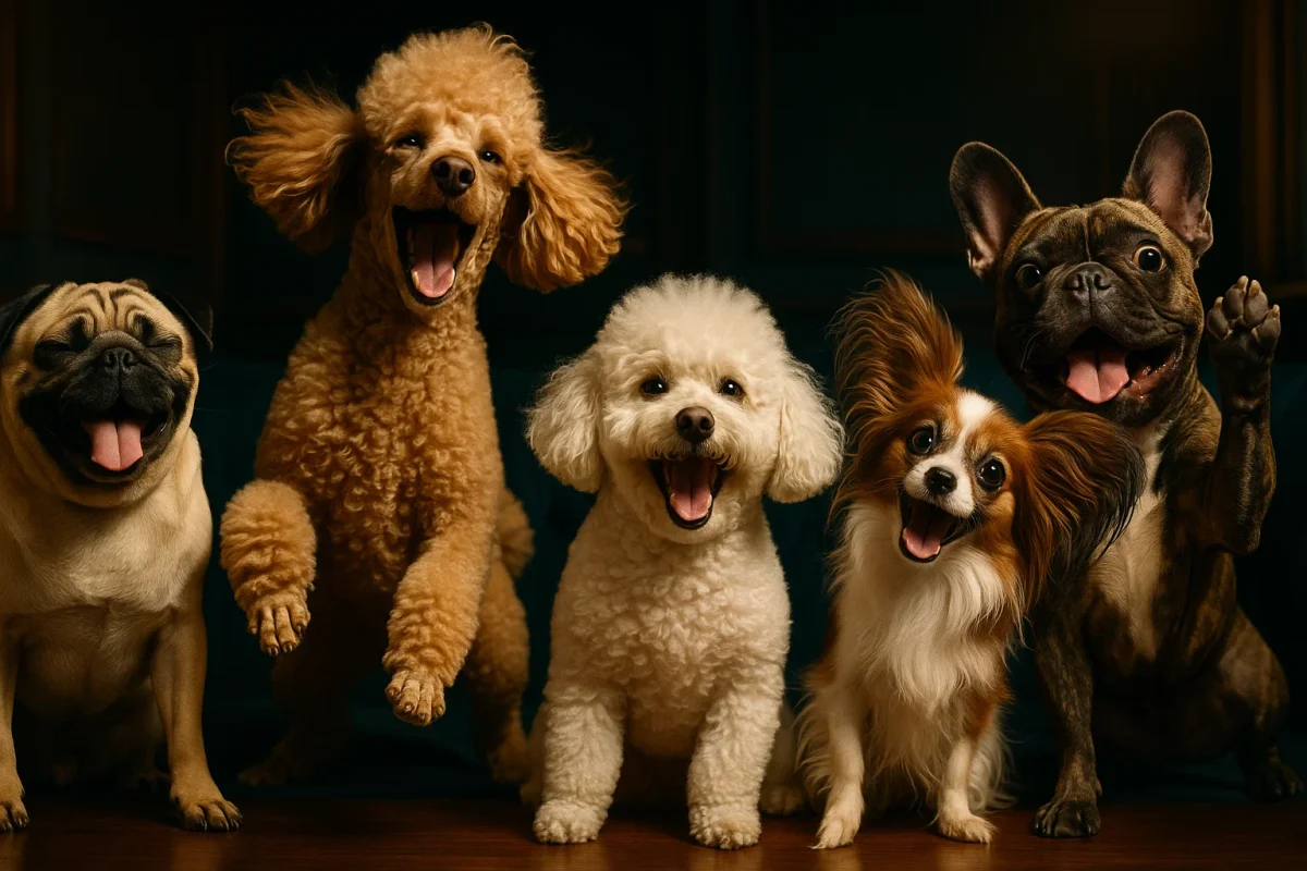 نژادهای سگ دلقک پاگ (Pug) پودل بیچون فرایز (Bichon Frise) پاپیلون (Papillon) بولداگ فرانسوی (French Bulldog)