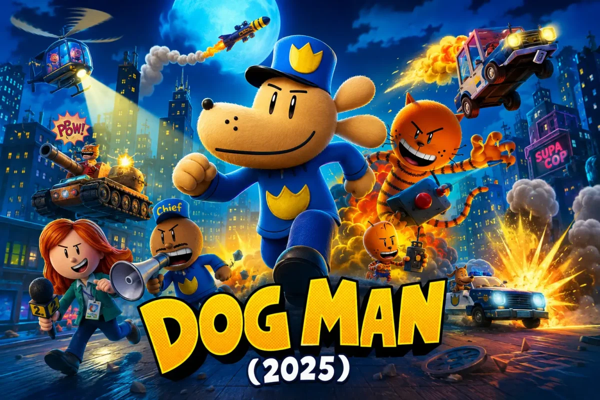پوستر فیلم Dog Man 2025 با حضور داگ من و شخصیتهای اصلی فیلم در یک صحنه اکشن و کمدی