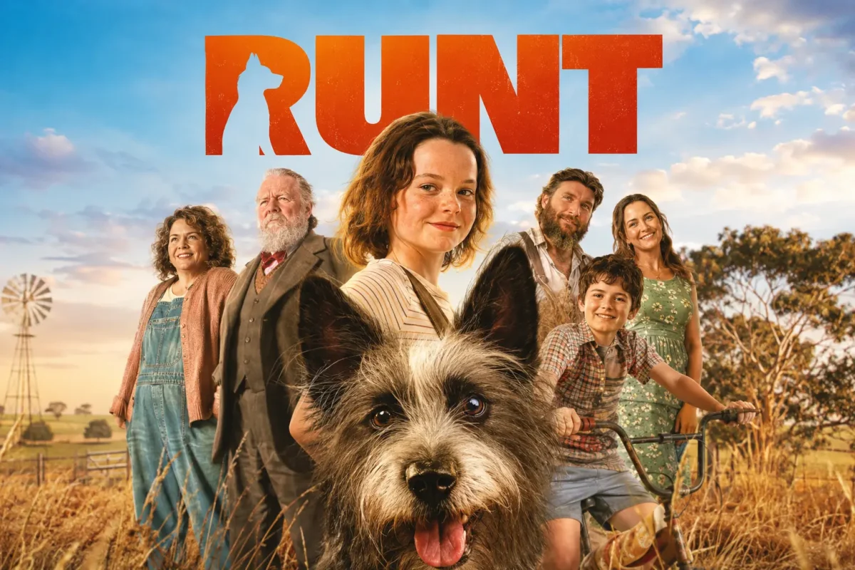 پوستر فیلم Runt 2024 با حضور سگ اصلی و شخصیتهای اصلی فیلم در فضای مزرعه و خانوادگی