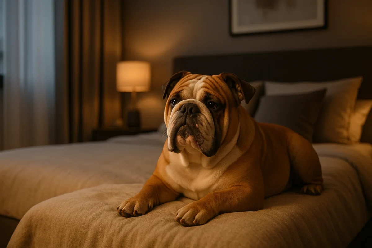 بولداگ انگلیسی روی تختخواب