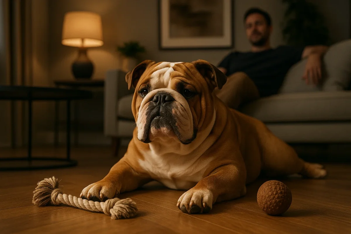 بولداگ انگلیسی کنار اسباب بازی