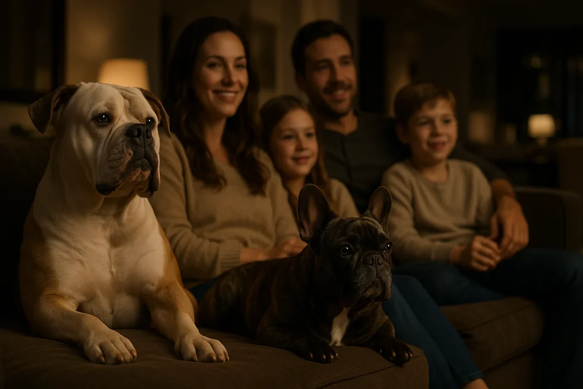 بولداگ فرانسوی و آمریکایی در کنار خانواده در حال تماشای تلویزیون