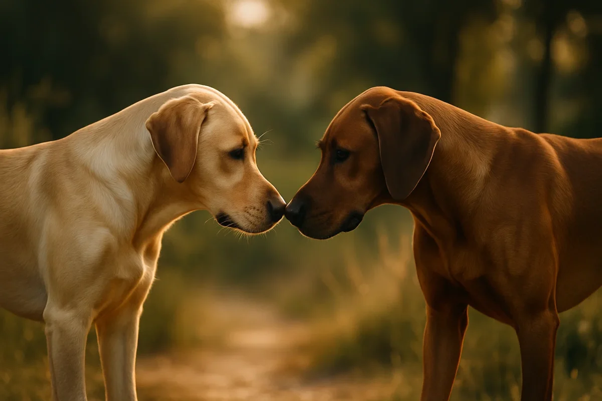 سگ قهوه ای و سگ کرم در حال بو کردن