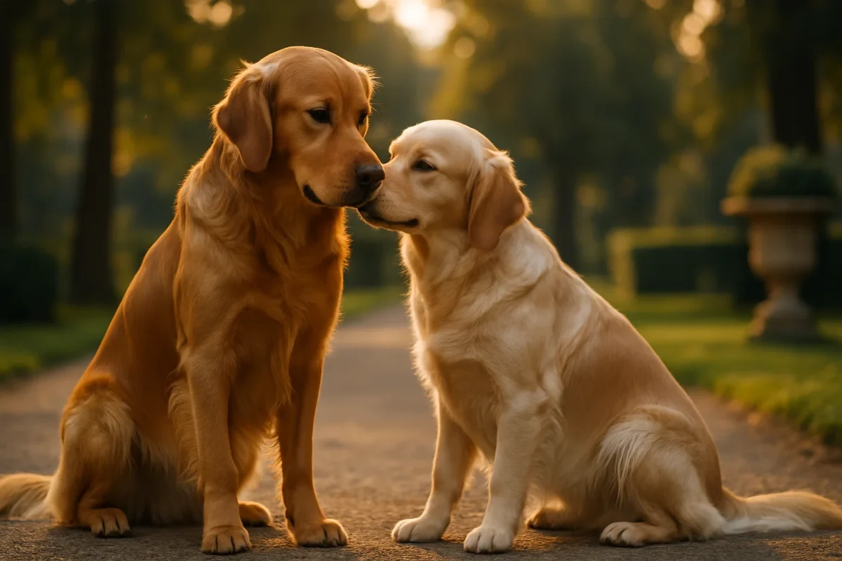 سگ گلدن رتریور قهو های در کنار سگ گلدن طلایی
