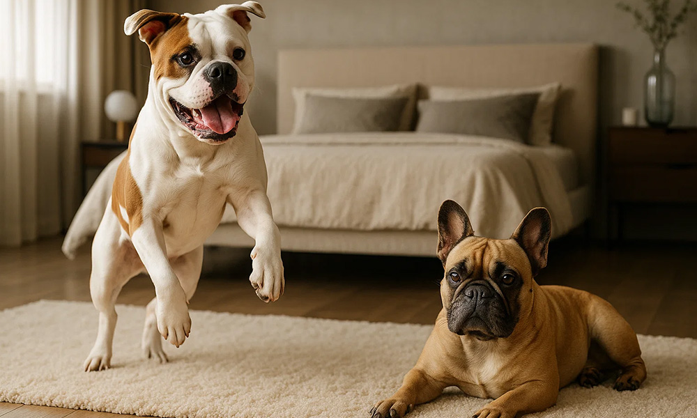 مقایسه بولداگ آمریکایی و فرانسوی تفاوت بولداگ آمریکایی و فرانسوی اندازه و وزن بولداگ فرنچ بولداگ آمریکن بولداگ انرژی سگ