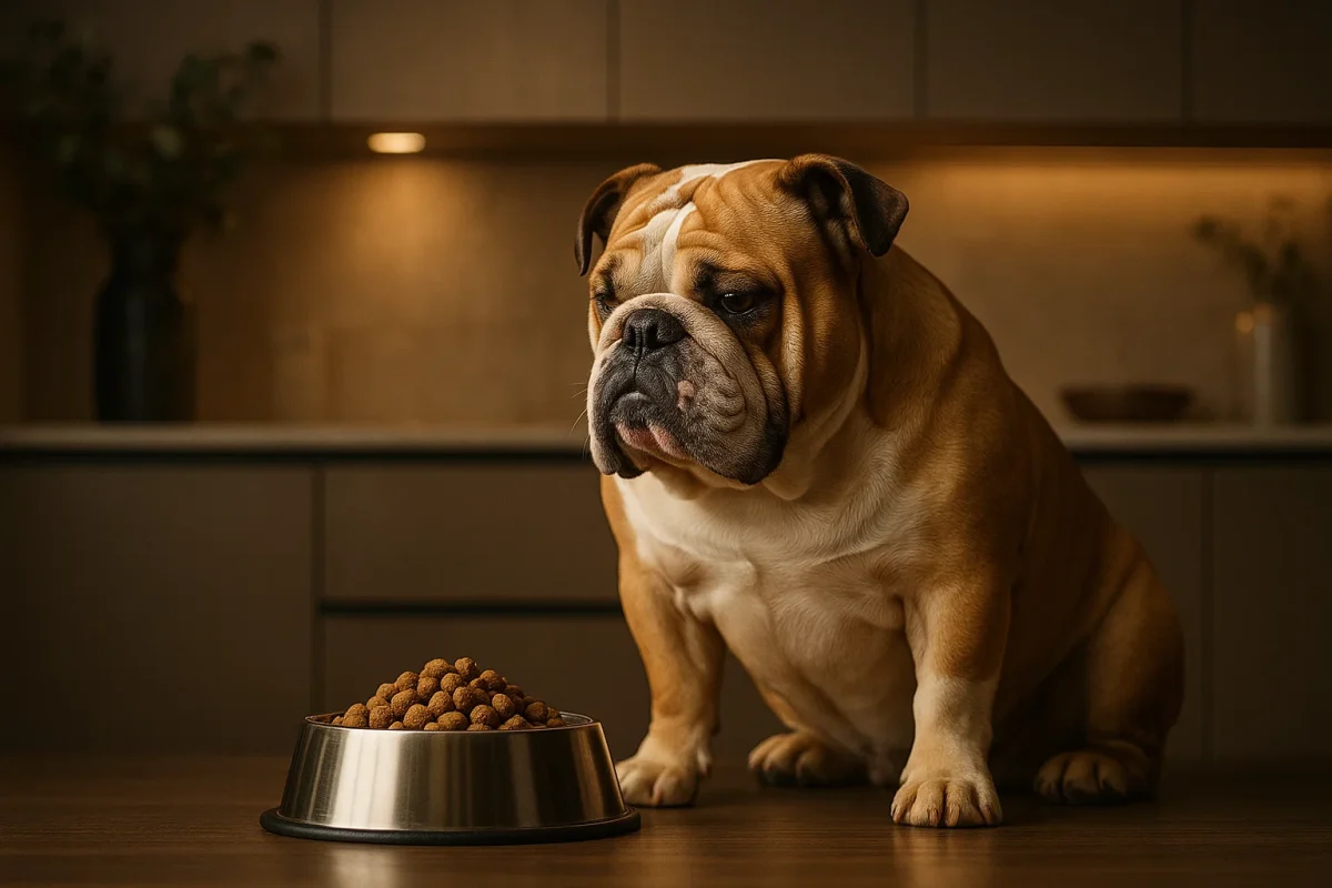 سگ بولداگ در کنار غذای خشک