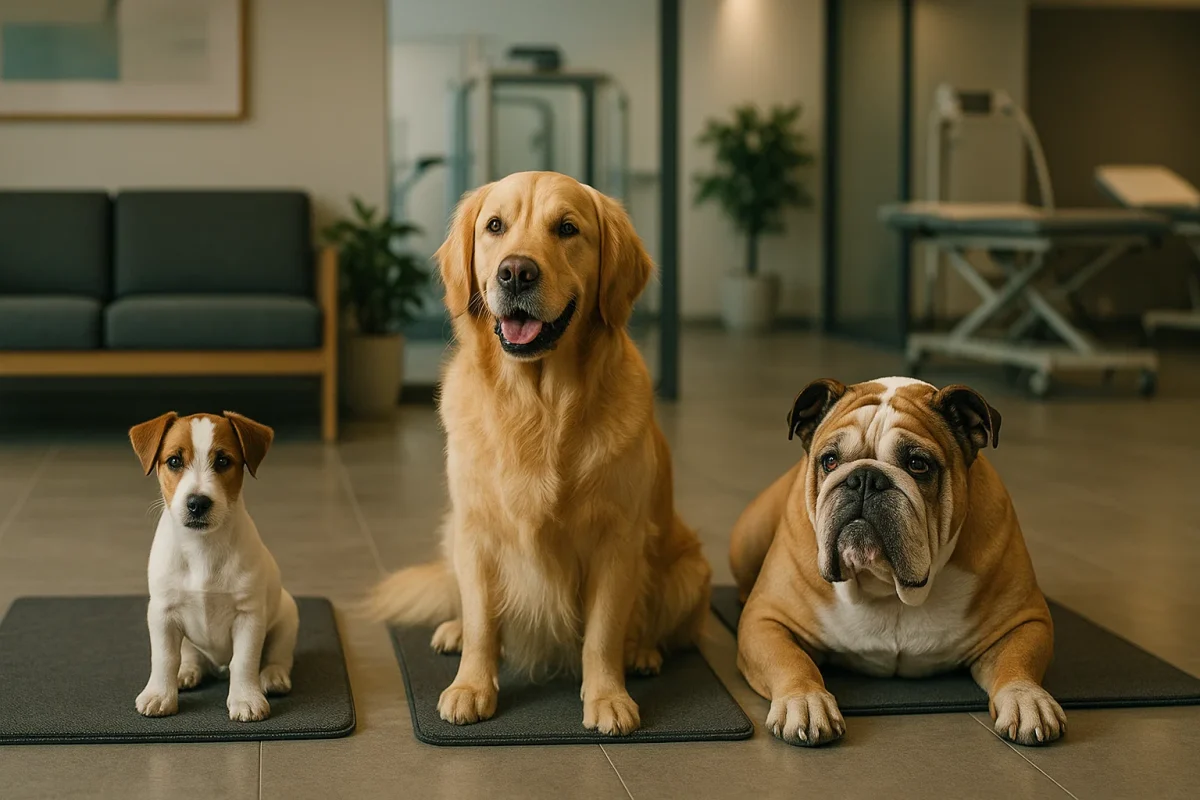 سگ بولداگ و گلدن رتریور و جک راسل در کلینیک فیزیوتراپی حیوانات