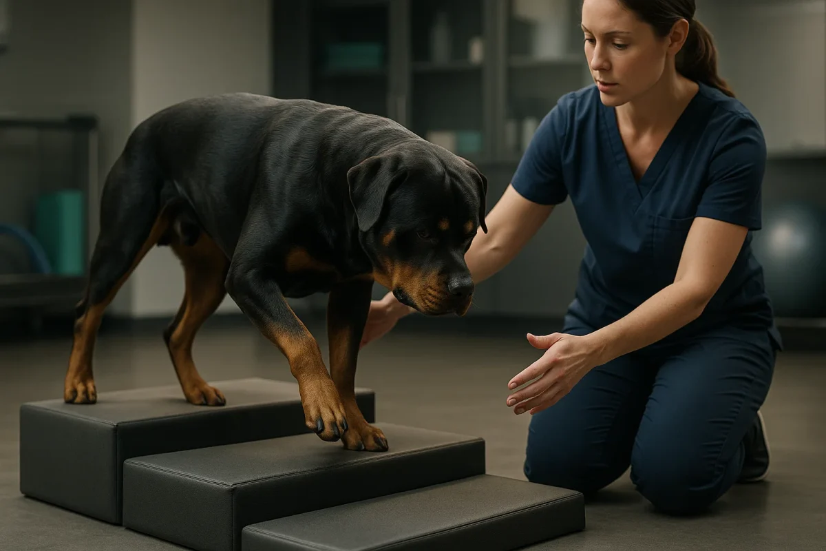 سگ روتوایلر در حال بالا رفتن و پایین آمدن سگ از پله‌ها یا سکو برای تمرینات اصلاحی سگ