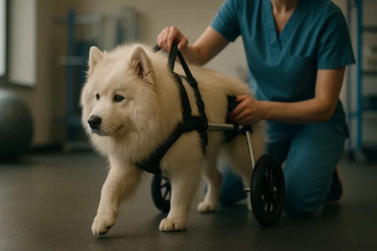 سگ ساموید در حال راه رفتن با ویلچر در کلینیک