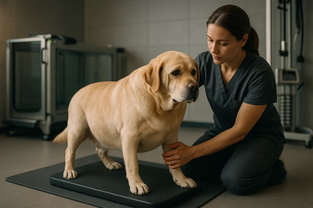 سگ لابرادور چاق در حال انجام فیزیوتراپی