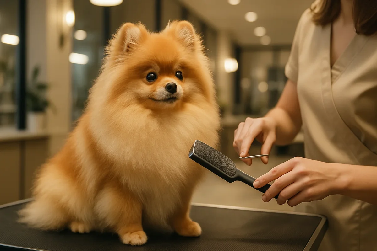 سگ پامر در آرایشگاه در حال اصلاح مو