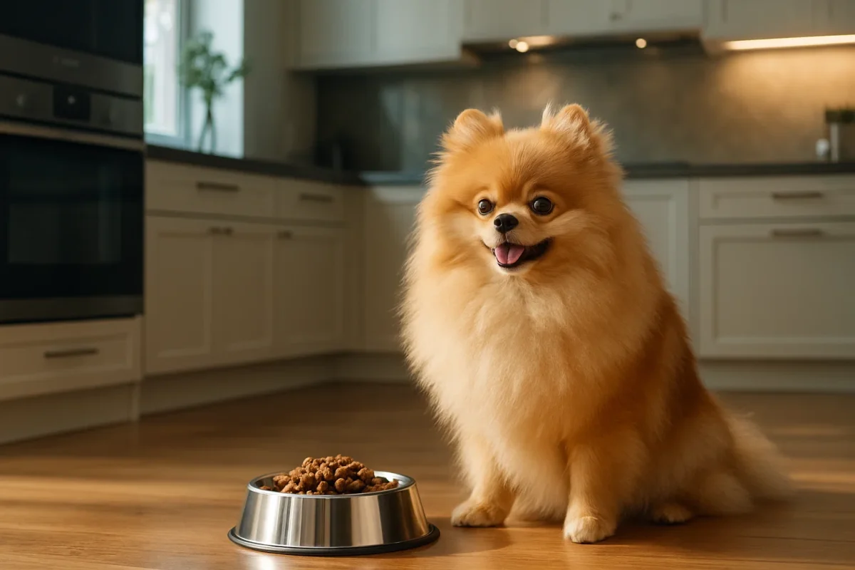 سگ پامر کنار ظرف غذا در آشپزخانه