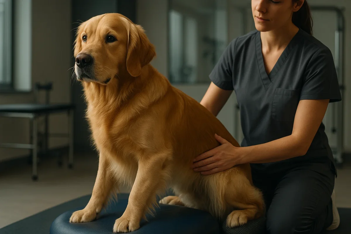 سگ گلدن رتریور در حال انجام فیزیوتراپی در کلینیک فیزیوتراپی مدرن