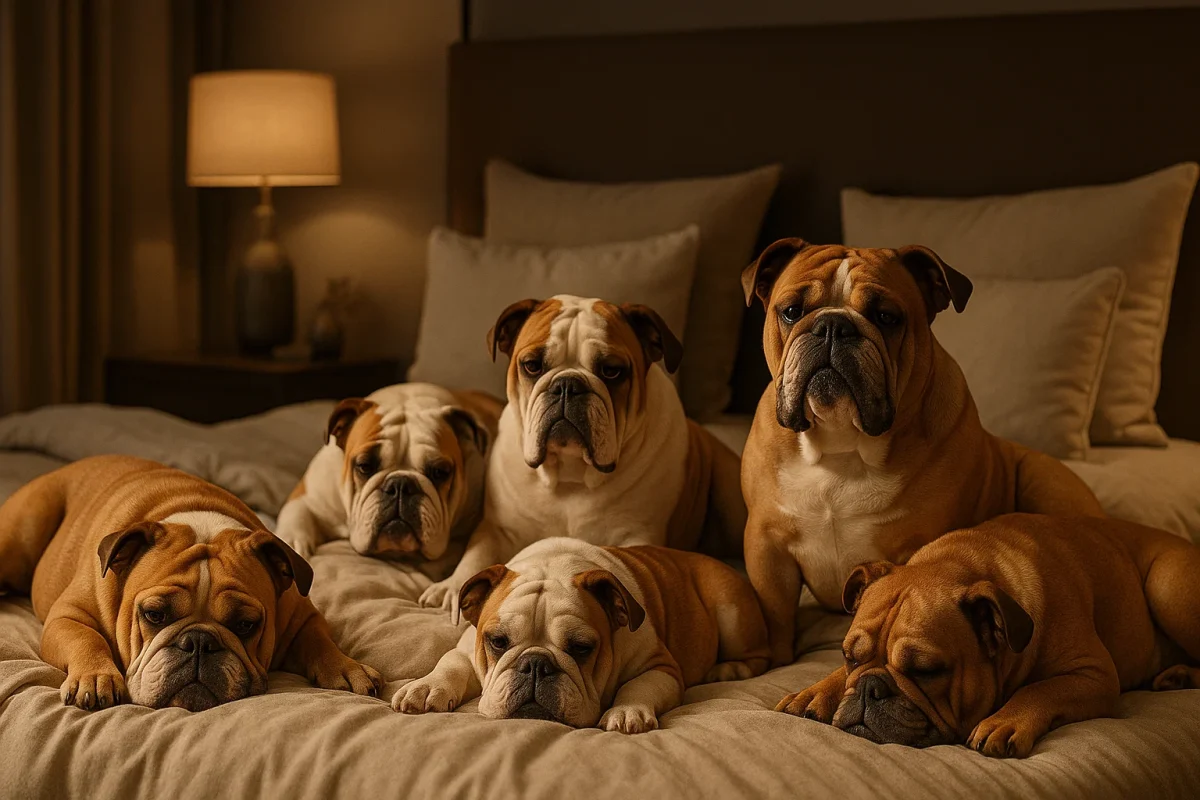شش سگ بولداگ روی تخت خواب