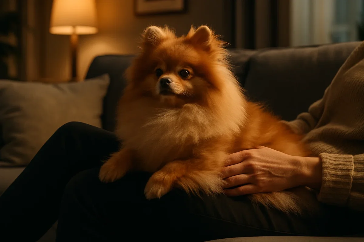 لم دادن سگ پامر روی پای صاحب سگ روی مبل