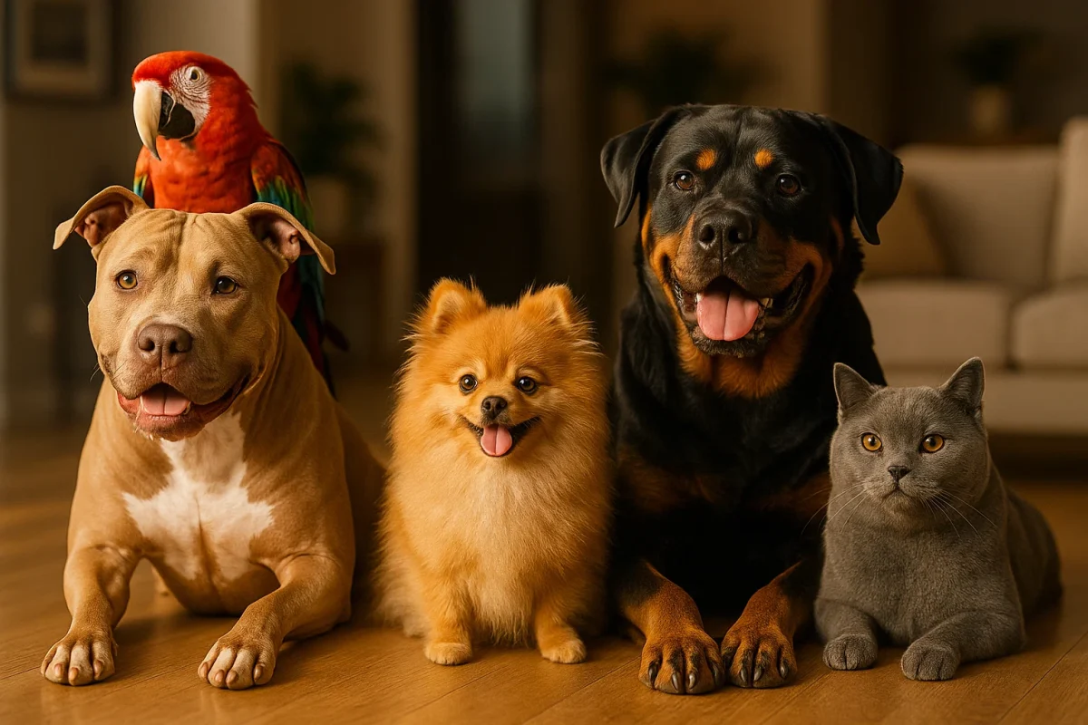 تصویر سگ پیتبول و روتوایلر در کنار سگ پامرانیان، طوطی کاسکو و گربه بریتیش در فضای خانه