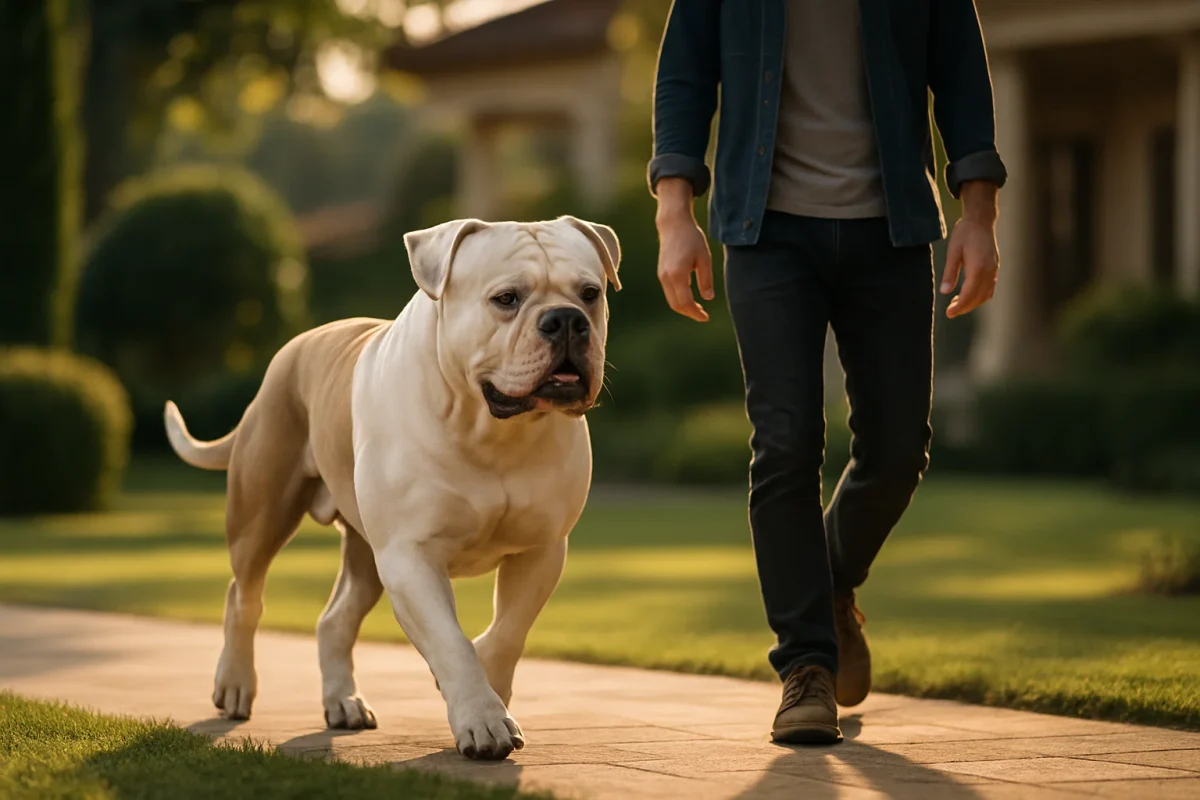 پیاده روی سگ بولداگ آمریکایی با صاحبش