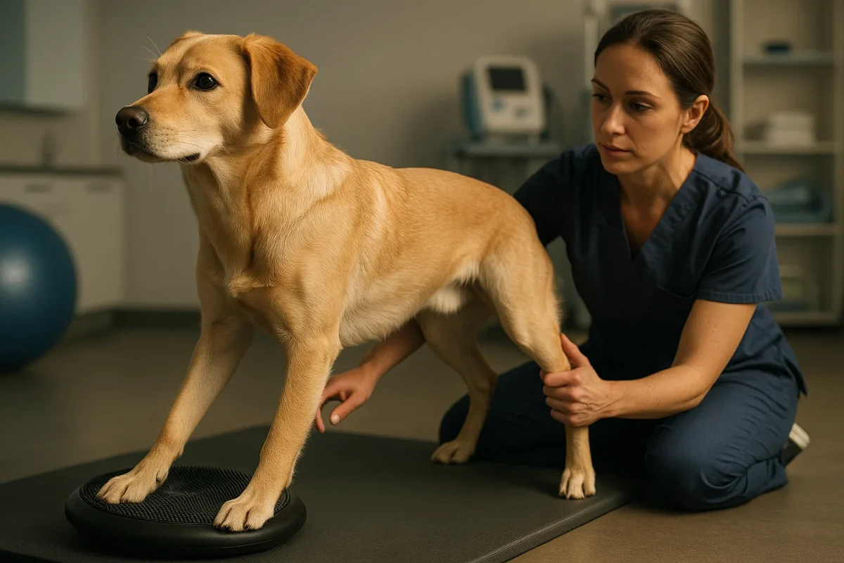 یک سگ مستعد مشکلات مفصلی در حال انجام فیزیوتراپی و تمرین برای پیشگیری