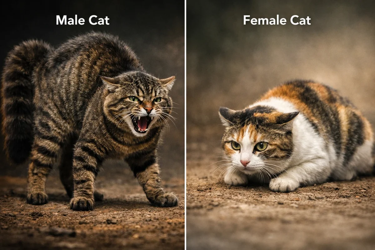 دعوای گربه‌های نر معمولاً شدیدتر و رقابتی‌تر است، در حالی که دعوای گربه‌های ماده بیشتر حالت دفاعی دارد.