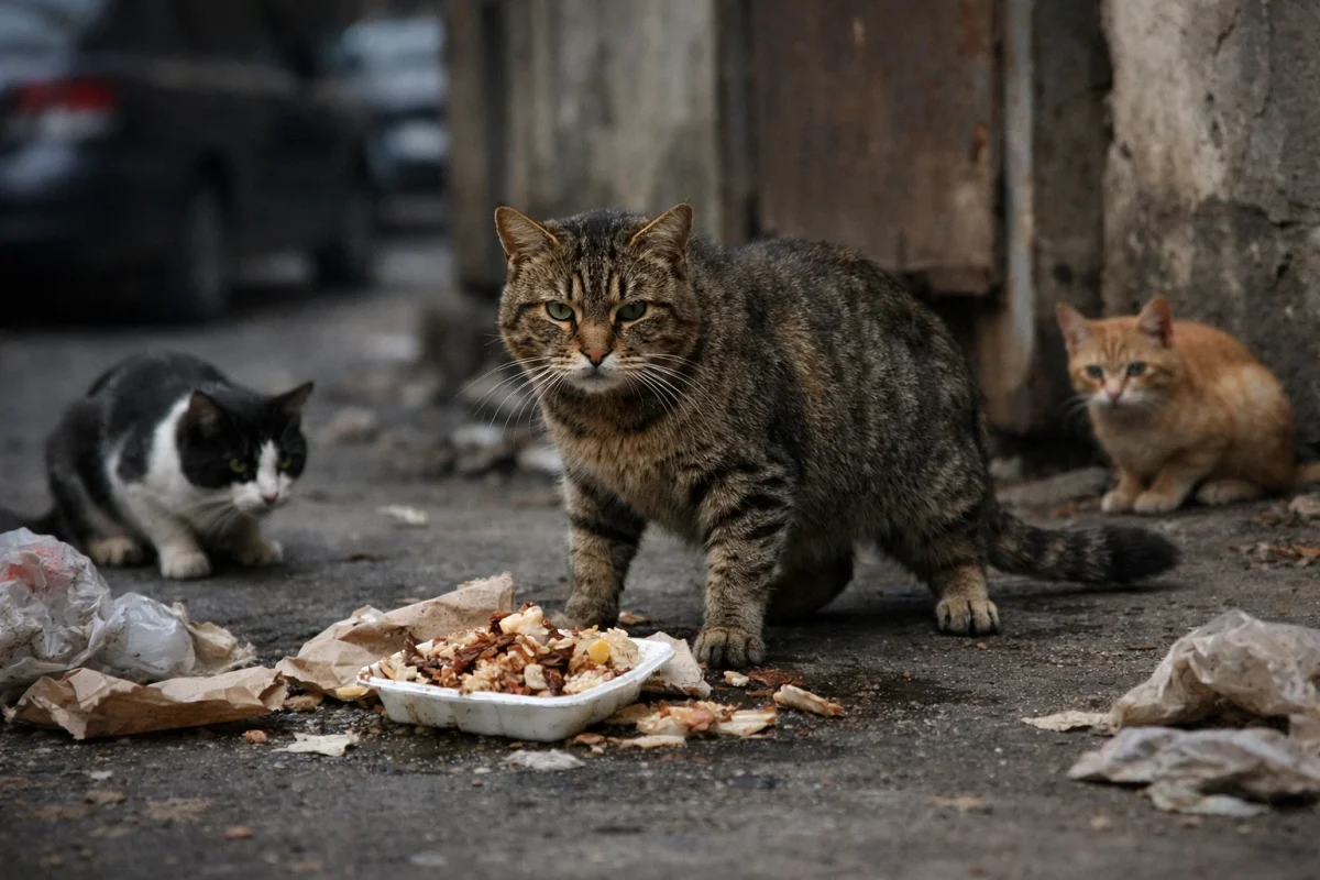 رقابت گربه خیابانی برای غذا