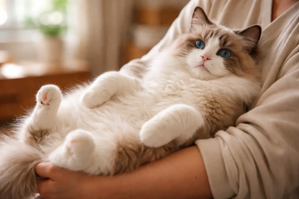 گربه رگدال در آغوش انسان با حالت آرام و شل بدن