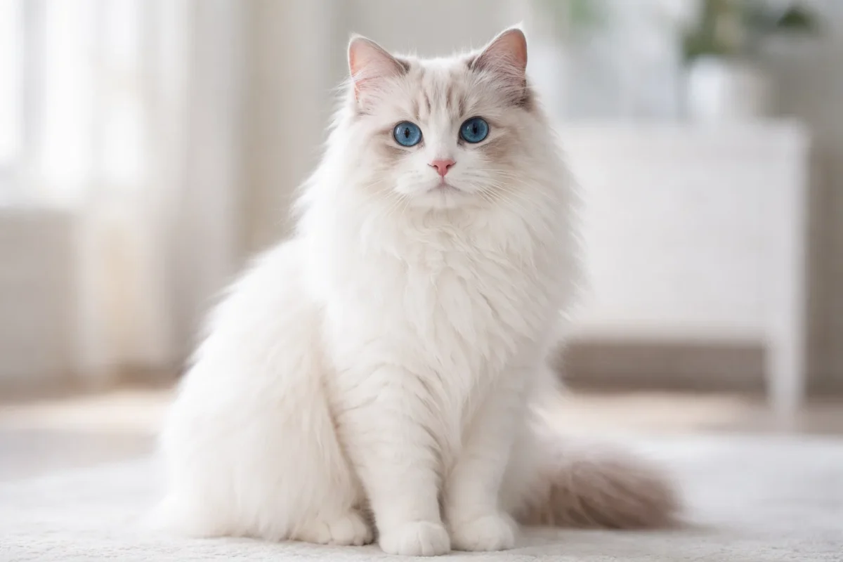 گربه رگدال سفید با الگوی بای‌کالر و چشم‌های آبی
