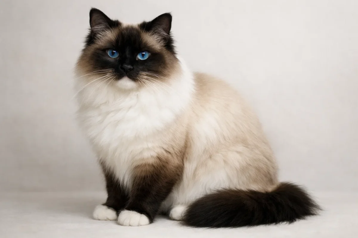 گربه رگدال سیاه با رنگ Seal Point و نقاط تیره روی صورت و دم