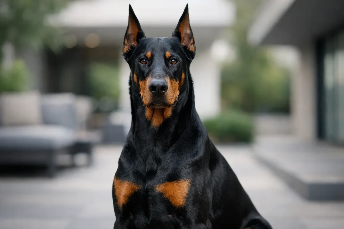 سگ دوبرمن نشسته با حالت هوشیار و نور طبیعی – معرفی سریع نژاد Doberman