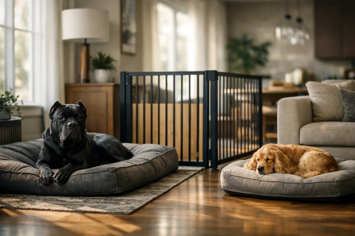 جدا کردن فضای سگ‌ها در خانه؛ استفاده از جای خواب جداگانه و گیت برای جلوگیری از دعوای قلمرویی