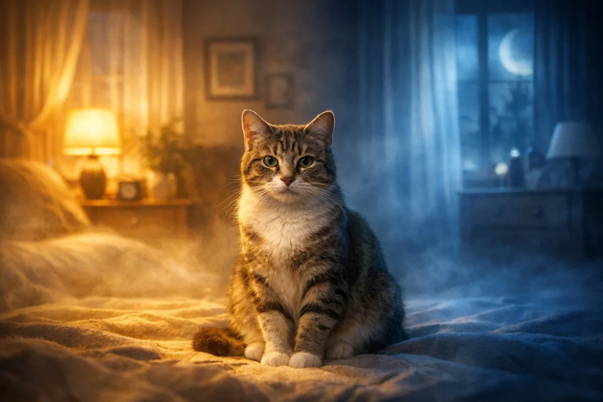 تصویر نمادین دیدن گربه در خواب با نور گرم و سرد برای نشان دادن خوب یا بد بودن خواب