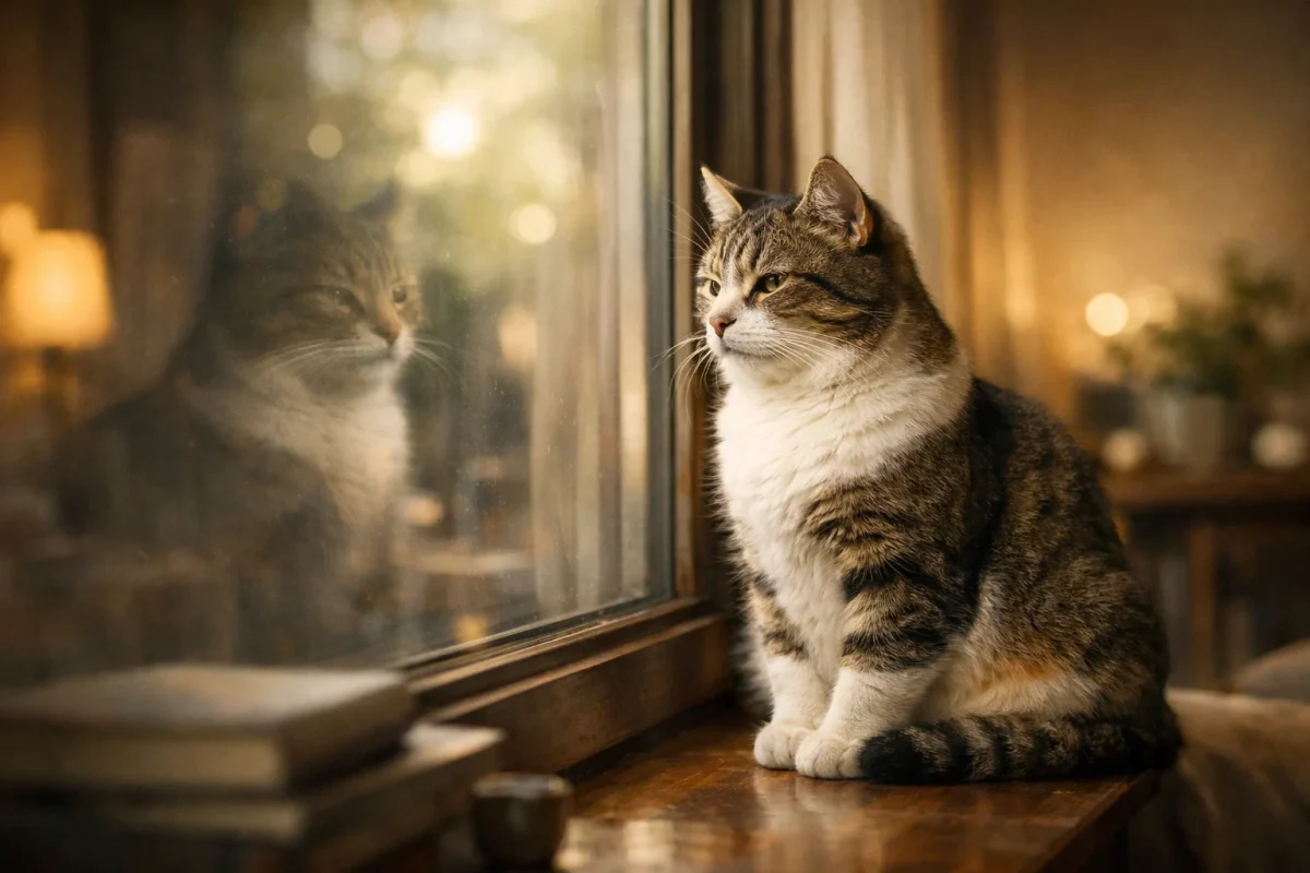 تصویر نمادین جمعبندی نهایی تعبیر خواب گربه با فضایی آرام و روشن، گربه در حال تفکر