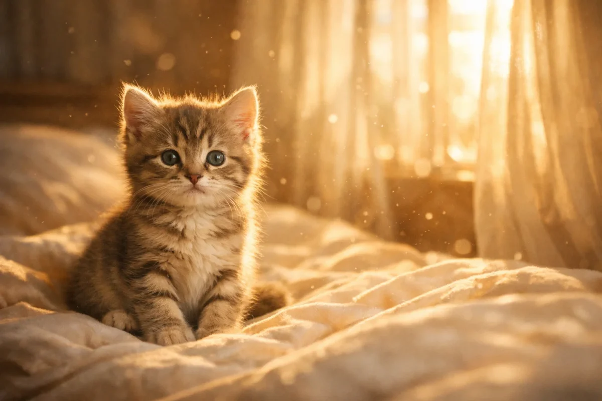 تصویر نمادین تعبیر خواب بچه گربه با نور گرم و فضای لطیف صبحگاهی