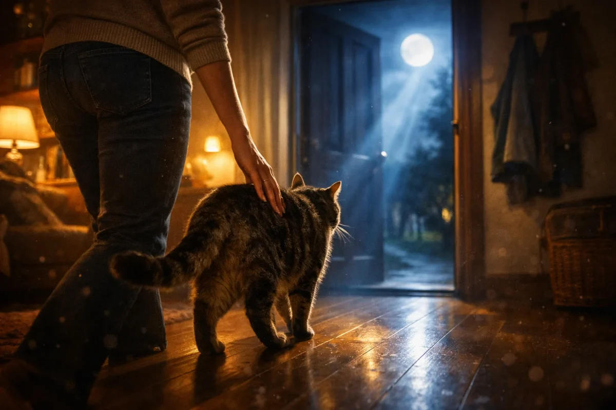 تصویر نمادین تعبیر خواب بیرون کردن گربه از خانه با فضای گرم داخلی و در باز