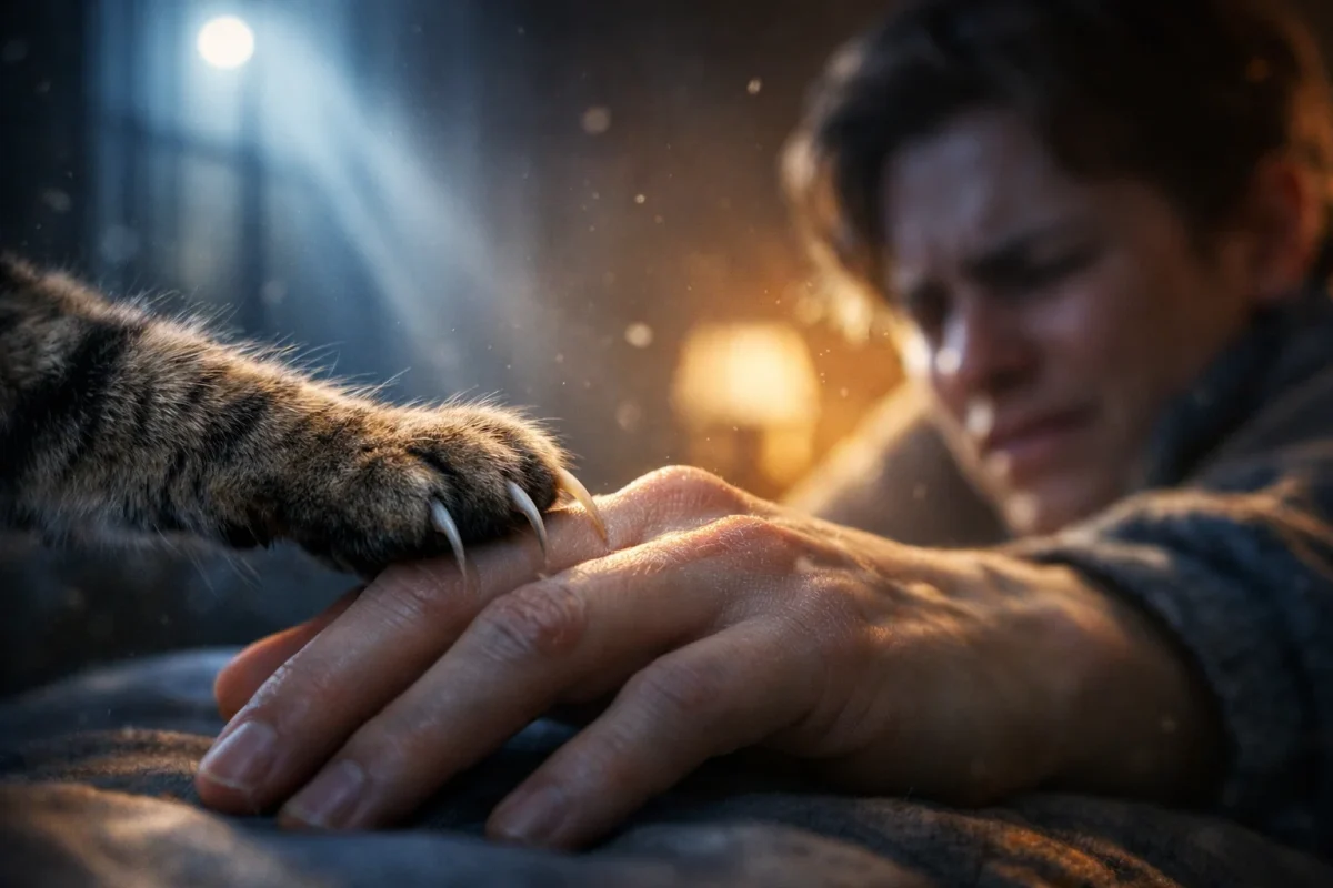 تصویر نمادین تعبیر خواب چنگ زدن گربه با نور دراماتیک و فضای تنش احساسی