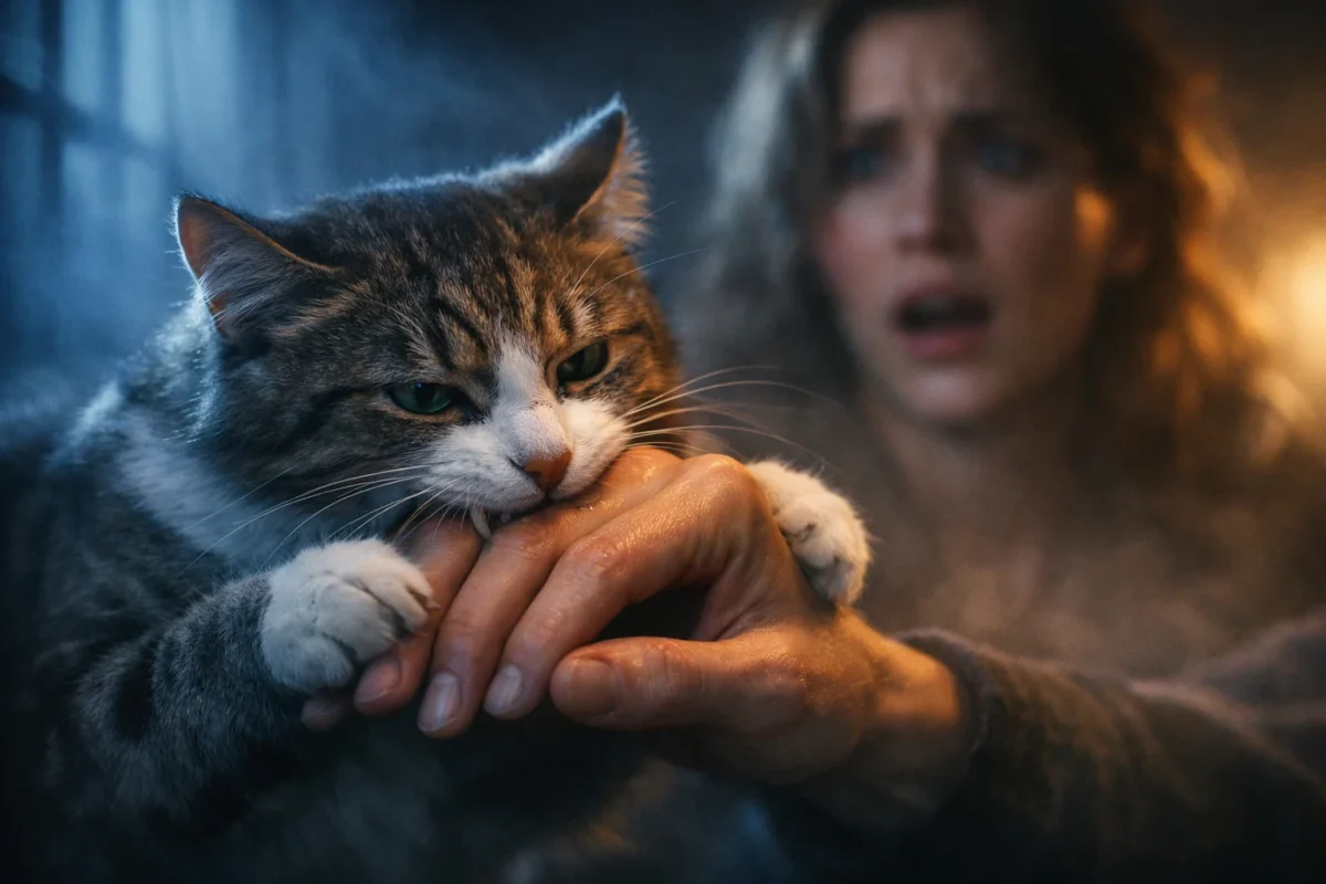 تصویر نمادین تعبیر خواب گاز گرفتن گربه با نور دراماتیک و فضای تنشآلود