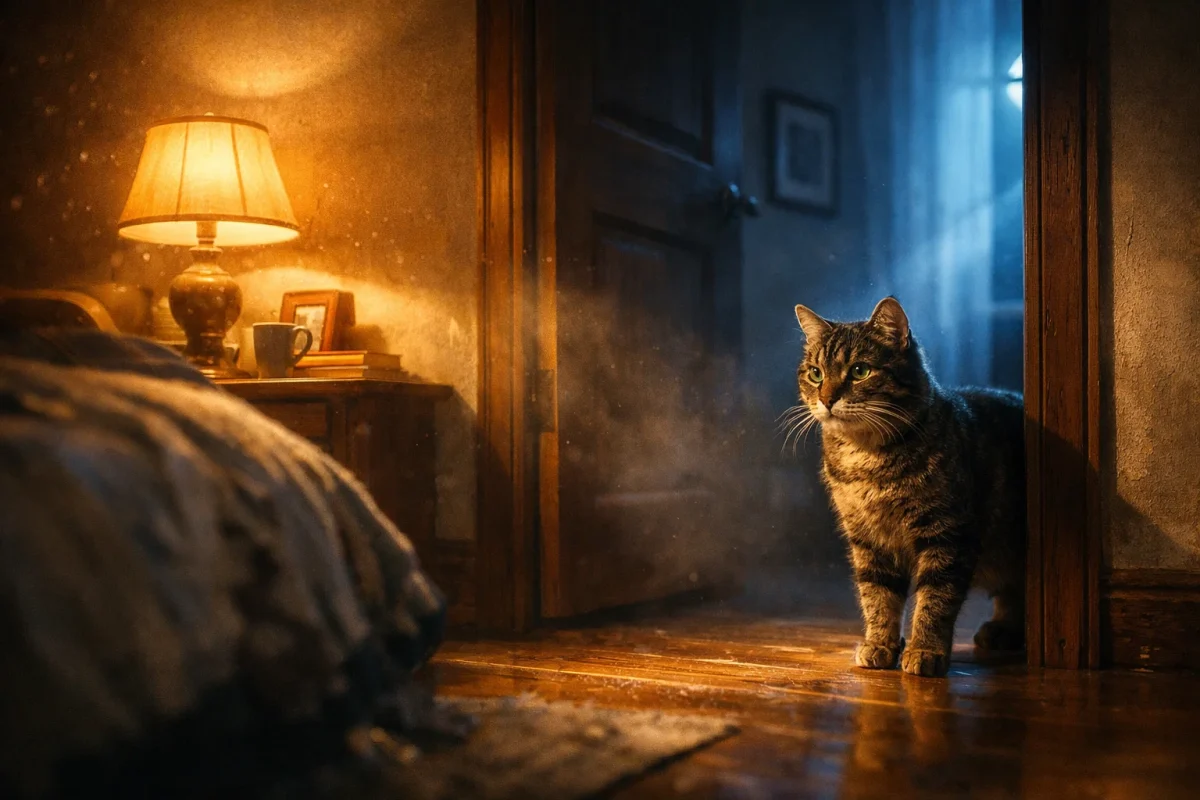 تصویر نمادین تعبیر خواب گربه در خانه با فضای گرم داخلی و نور مهتاب