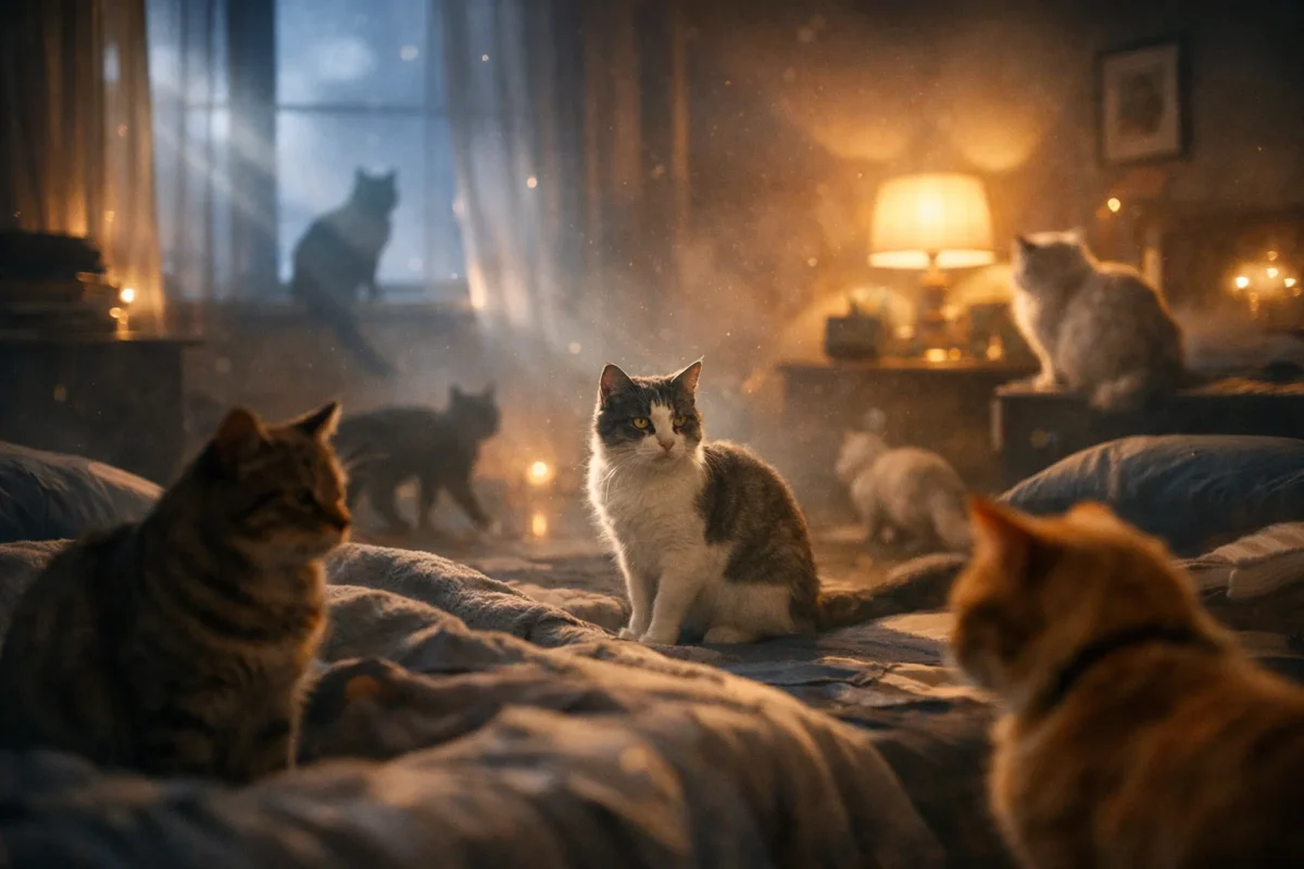 تصویر نمادین تعبیر خواب گربههای زیاد با فضای شلوغ و نور ترکیبی