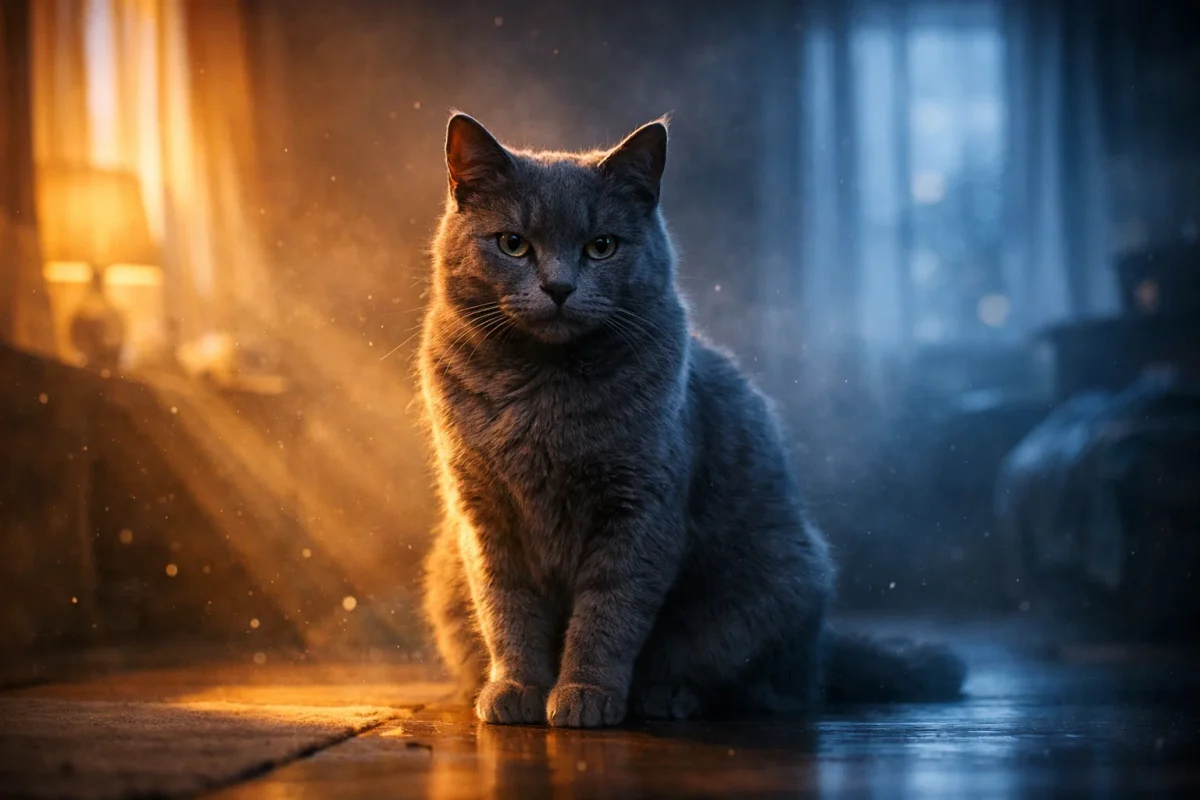 تصویر نمادین تعبیر خواب گربه خاکستری با نور ترکیبی گرم و سرد