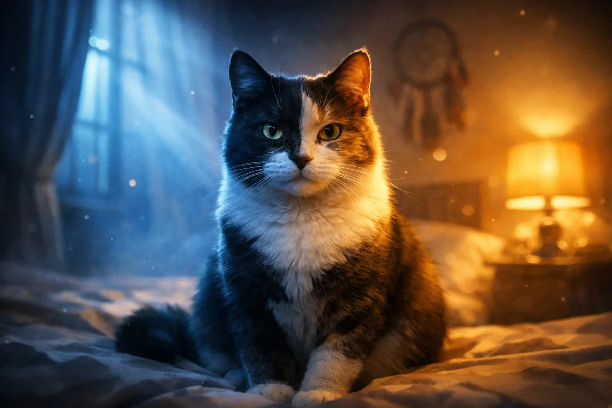 تصویر نمادین تعبیر خواب گربه با نور دوگانه که نشاندهنده حسادت پنهان و روابط دوپهلو است