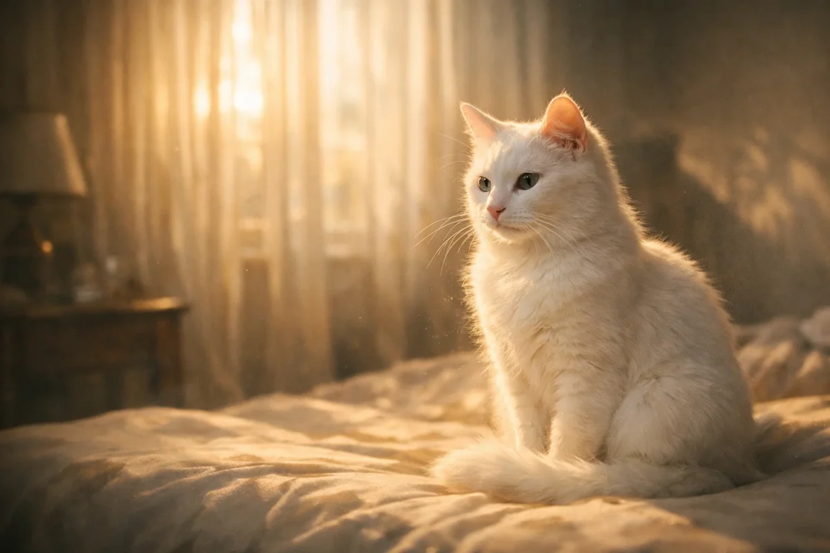 تصویر نمادین تعبیر خواب گربه سفید با نور ملایم صبحگاهی و فضای آرام