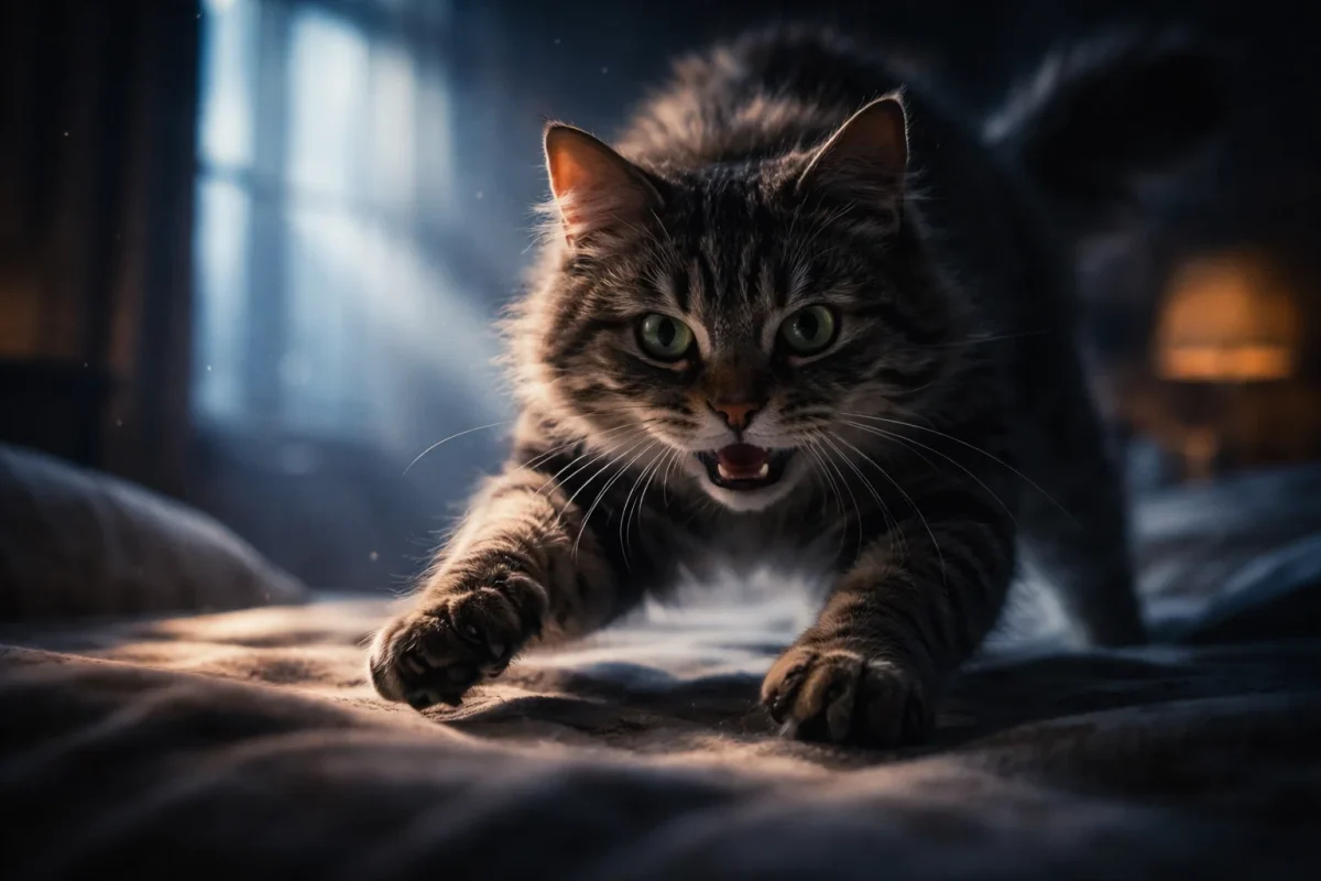 تصویر نمادین تعبیر خواب حمله گربه با فضای تاریک و نور دراماتیک