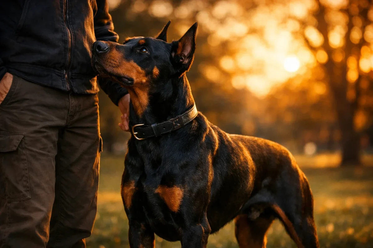 سگ دوبرمن وفادار و محافظ در کنار صاحب خود در فضای باز