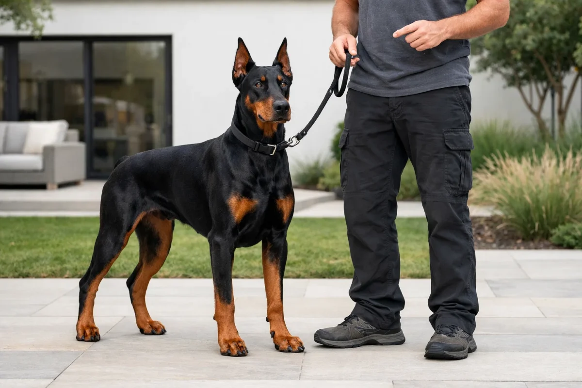 سگ دوبرمن آرام کنار صاحب خود