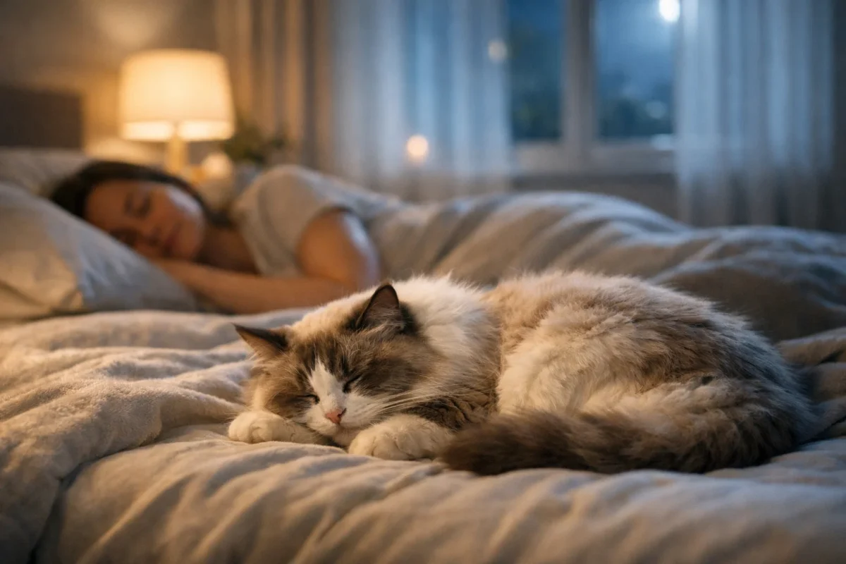 خواب آرام گربه و صاحب پس از تنظیم روتین شبانه و کاهش شب‌بیداری گربه
