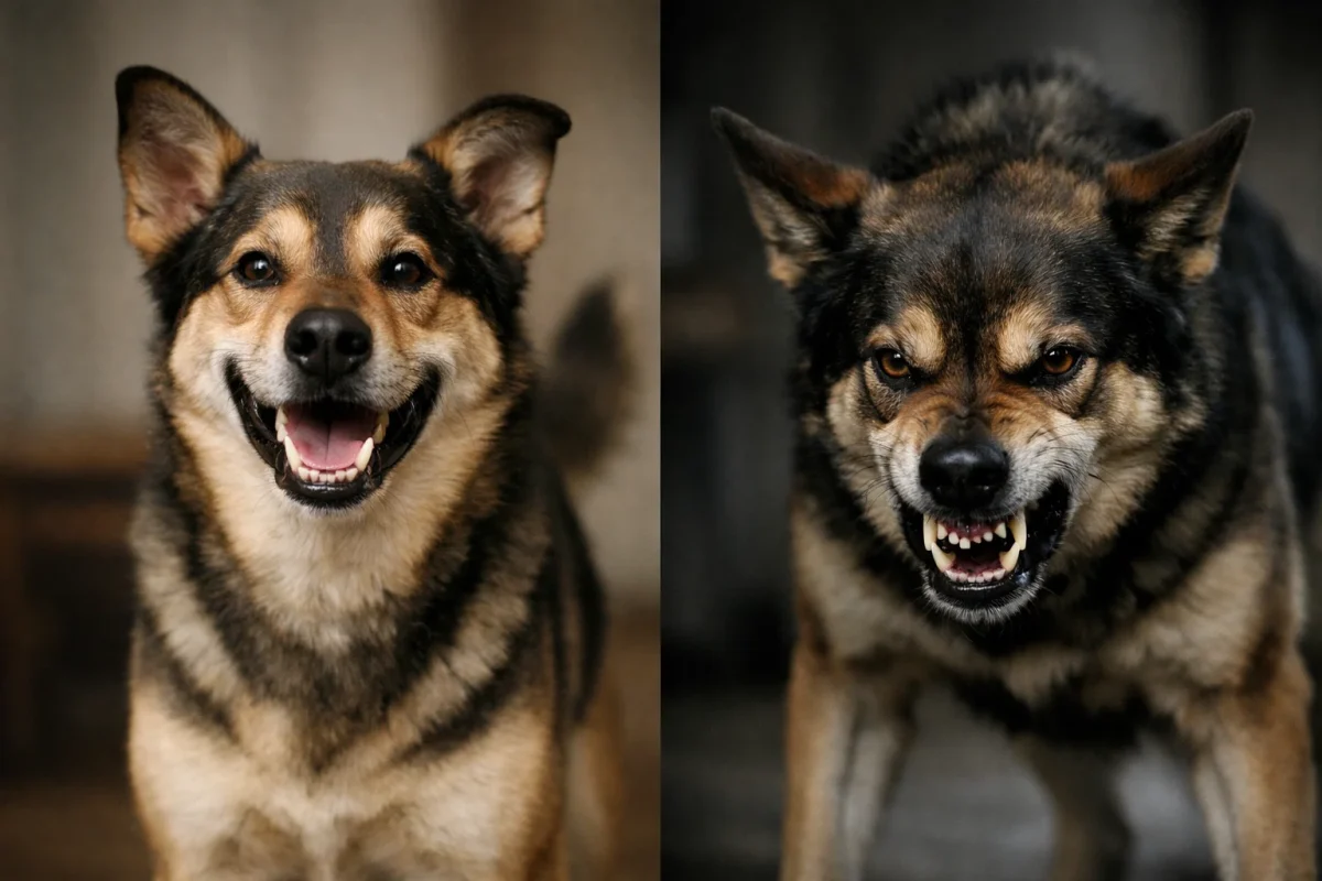 تفاوت نشان دادن دندان در سگ خوشحال و سگ هشداردهنده