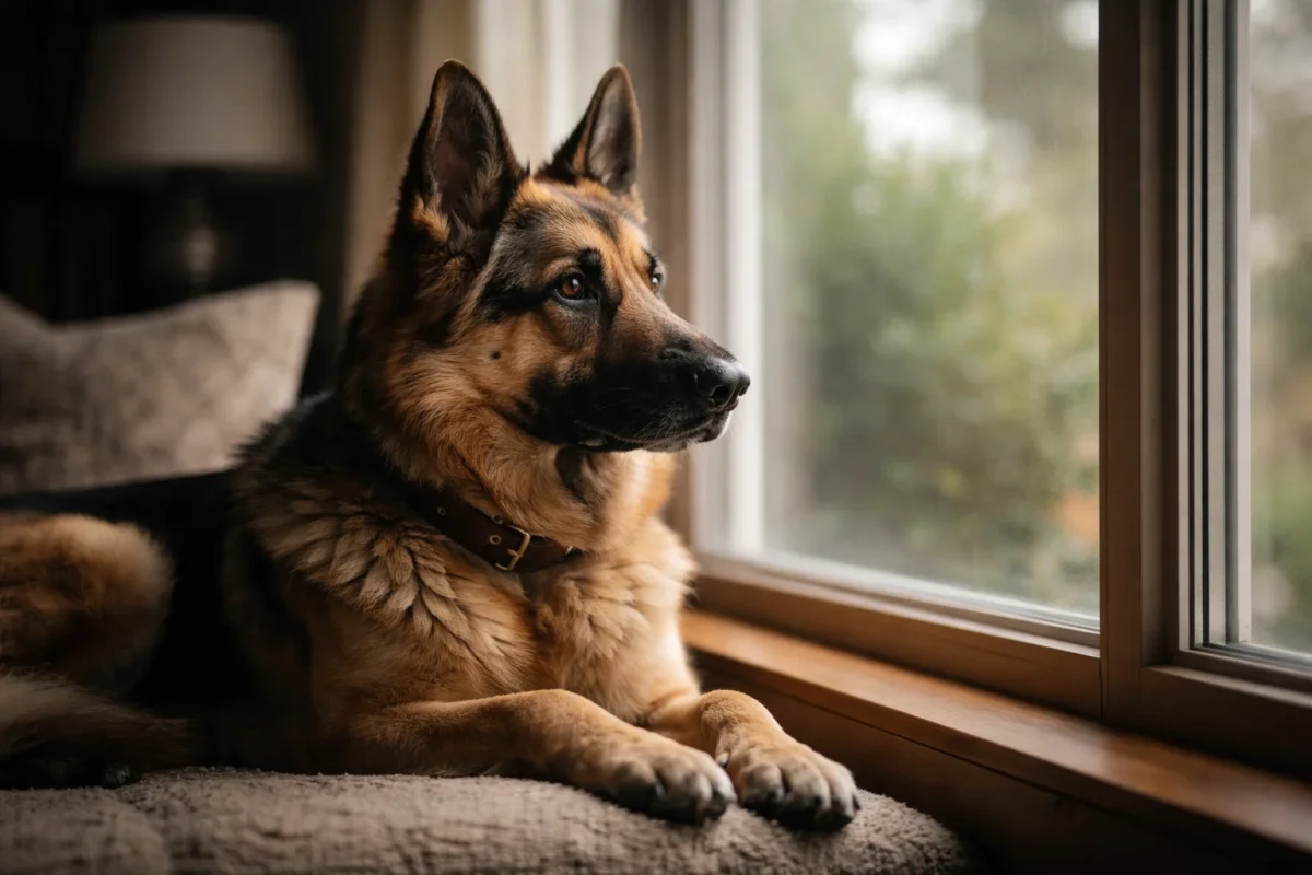 سگ ژرمن شپرد تنها در خانه کنار پنجره