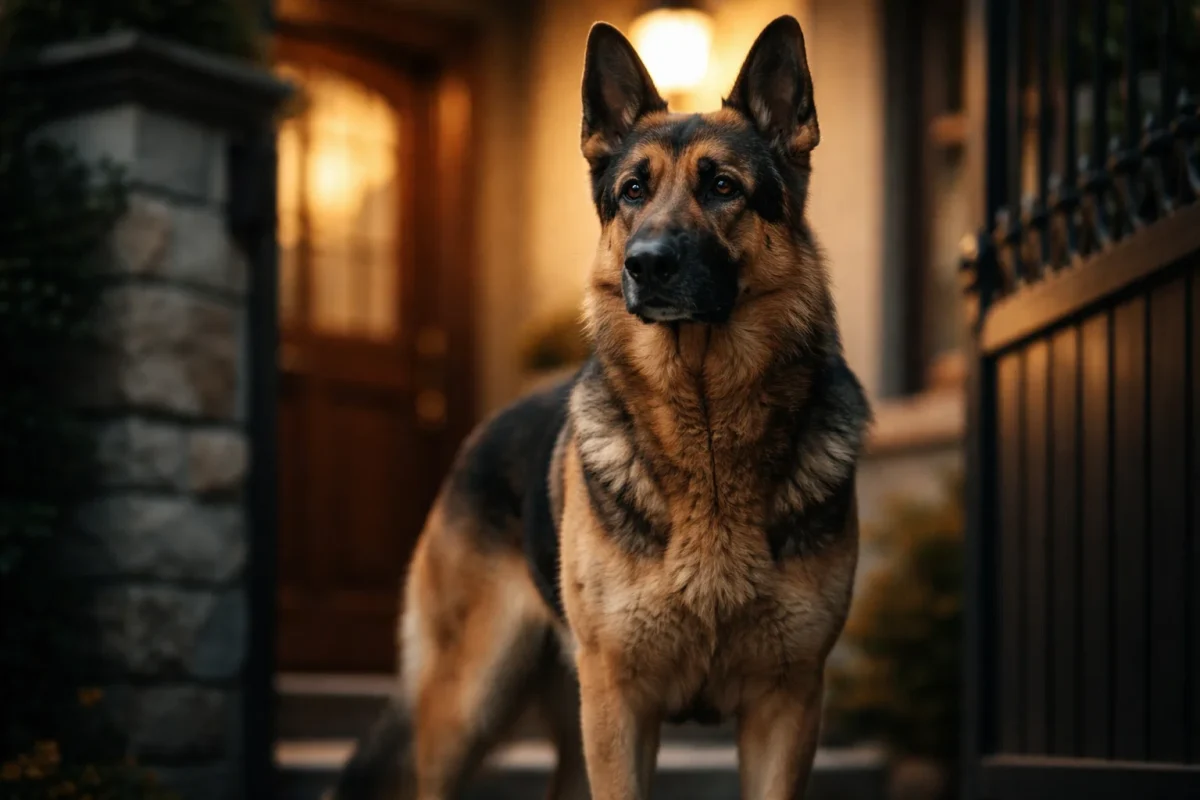 سگ ژرمن شپرد در حالت نگهبانی مقابل ورودی خانه