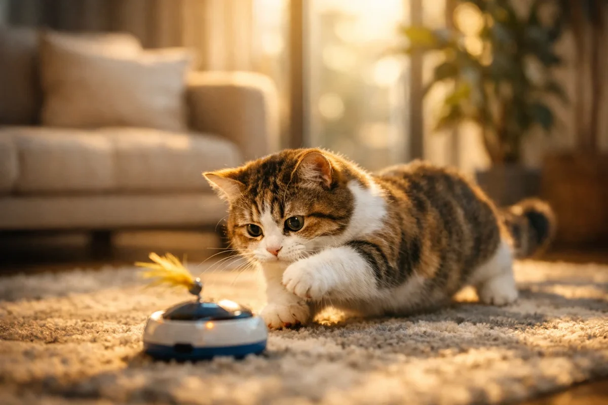 گربه مانچکین در حال بازی داخل آپارتمان مدرن، مناسب برای زندگی در فضای کوچک