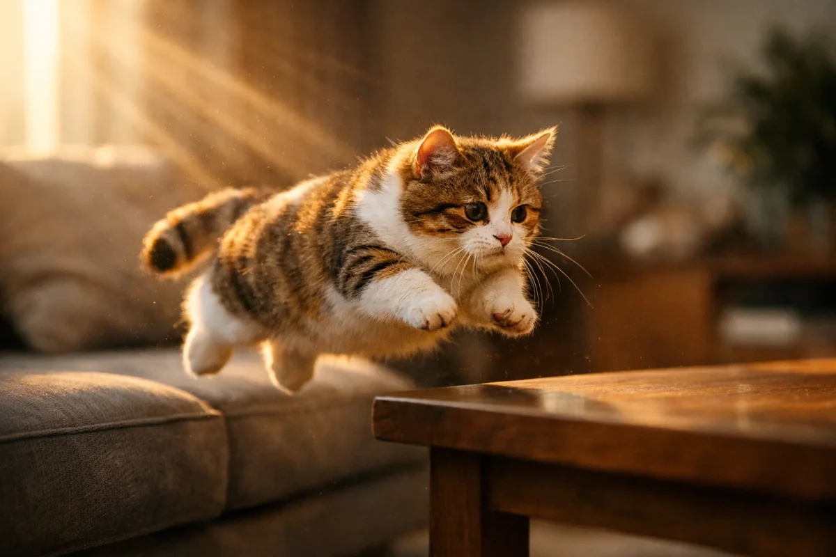 پرش گربه مانچکین با پاهای کوتاه در حال بازی داخل خانه